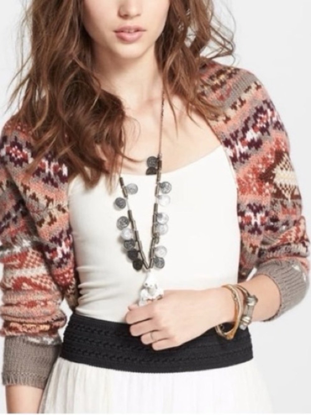 Free People Boho Mohair & Wool Blend Chunky Knit Lace Taupe Shrug Sweater